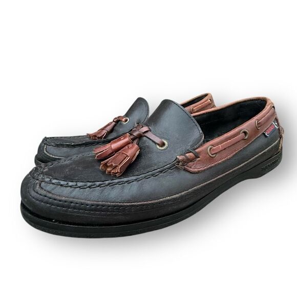 Sebago Tassel Loafers Two Tone Black Brown Leather Moc Shoes Women's size 8 - Picture 5 of 12